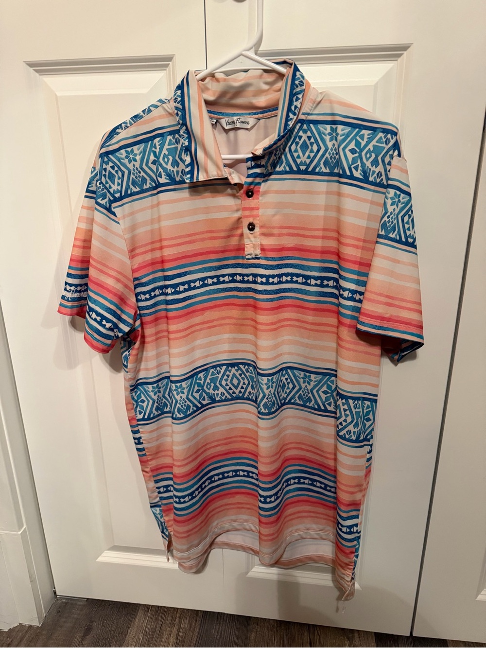 Kenny Flowers Peach and Teal Striped Geo Polo